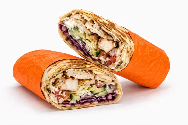 Two chicken shawarma halves in orange paper